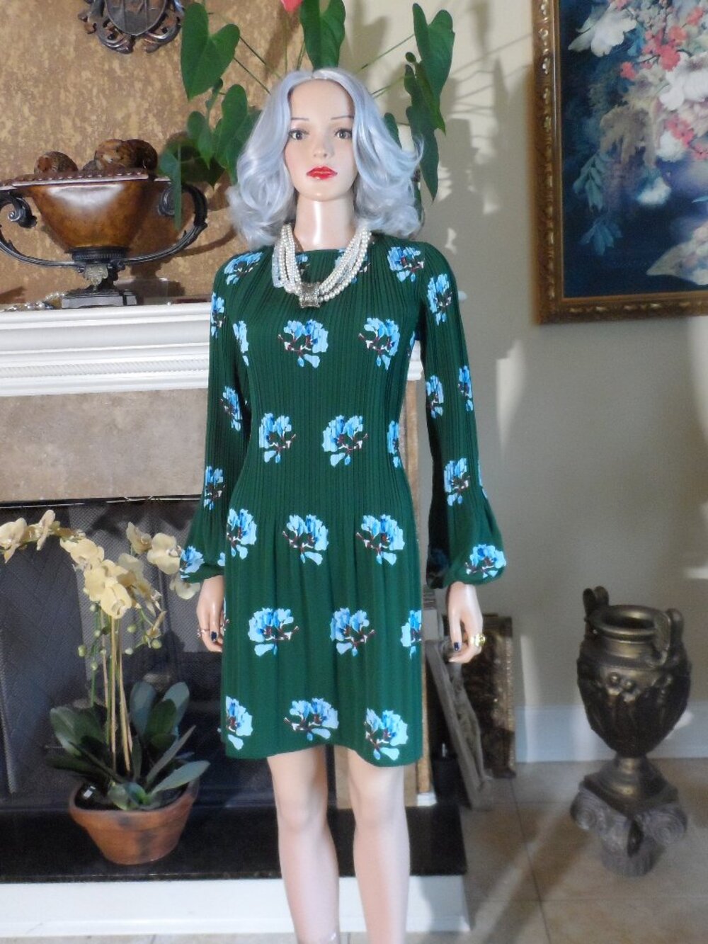 New Maje Green & Blue Floral Print Pleated Long Sleeve Dress Size Medium